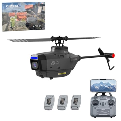 C127AI RC Helicopter with 1080P HD Camera, 2.4G 4CH Remote Control Helicopter with Camera for Adults, Single-Rotor Brushless RC Aircraft Without Aileron Indoor Outdoor-RTF (Black(3 Batteries))