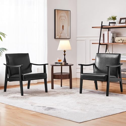 Image of Yaheetech PU Leather Black Chairs, Mid-Century Modern Armchair with Solid Wood Legs, Reading Accent Chair with High Back for Living Room Bedroom Waiting Room, 2 pcs, Black