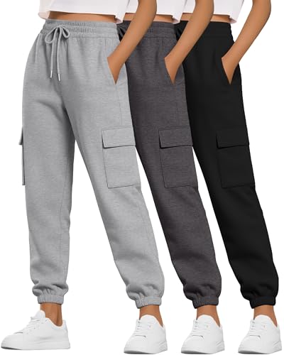 Neer 3 Pack Women's Cargo Sweatpants Joggers Pants Gym Athletic Workout High Waist Bottom Cotton Y2k Fall Outfits with Pocket
