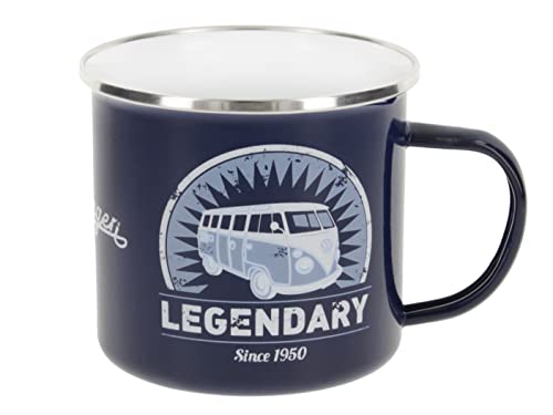 BRISA VW Collection - Volkswagen Furgoneta Hippie Bus T1 Van Taza de Café metálica Esmaltada en Caja de regalo, Copa de Té, Decoración de la Mesa/Outdoor/Camping/Souvenir (Vintage Logo/Azul)