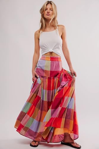 Women's Multicolour Plaid Print Ruched High Waist Casual Maxi Skirt4