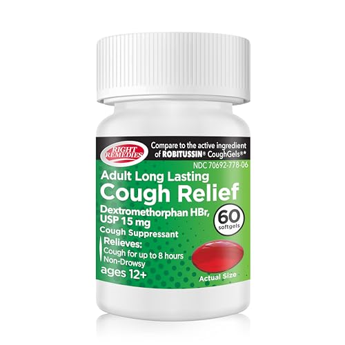 RIGHT REMEDIES Cough Relief Softgels Dextromethorphan HBr 15mg up to 8-Hour Long-Lasting Non Drowsy Bronchial Suppressant Generic Coughgels Compare to National Brand (60 Softgels)