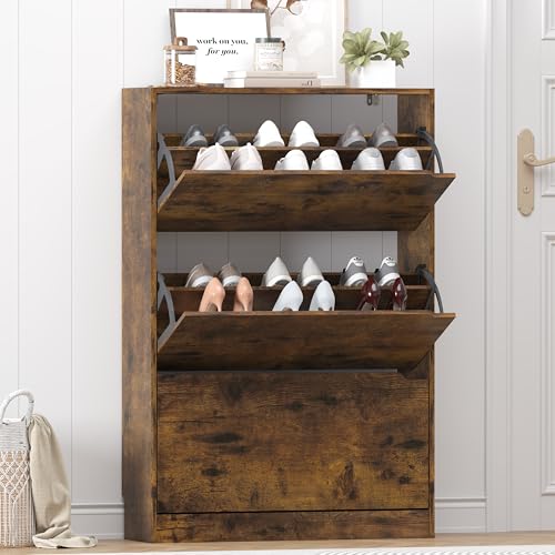 Image of Shoe Storage Cabinet for Entryway, Brown Shoe Cabinet with 3 Flip Drawers, Hidden Shoes Rack Freestanding Storage Organizer for Entryway,Closet, Living Room,Hallway 47.24 inchH x 31.50 inchW x 9.44 inchD