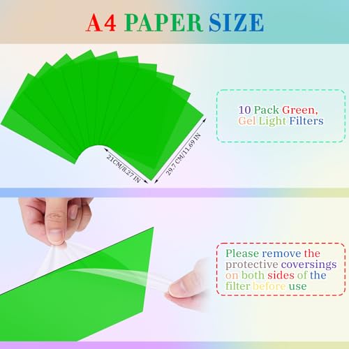 Image of 10 Pack Gel Light Filter Sheets, A4 Size Transparency Colored Plastic Sheets,Light Gel Filters for Photography Studio Lighting, Stage LED Lights,Headlight Film,DIY Tinted Window Film (Green)