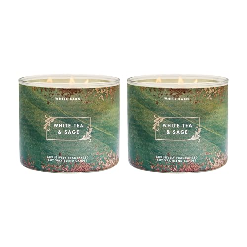 Bath & Body Works White Tea & Sage 3-Wick Candle - Scented Candle for At-Home Use - Long-Lasting Room-Filling Fragrance - High Fragrance Oil Concentration - Soy Wax Blend - 2-Pack