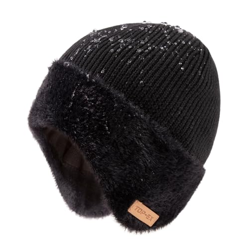 TOP-EX DryKnit™ - Gorro impermeable con forro polar con orejeras, gorro térmico de lana merino para hombre, resistente al viento, Negro, M-L
