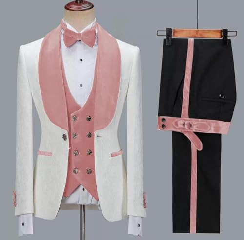 Men's White and Blush Pink Tuxedo with Satin Shawl Lapel and Black Contrast Pants3