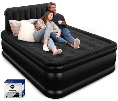 Queen Air Mattress with Headboard, Built-in Pump, 800 lbs Support, Quiet Noiseless Design, 48-Hour Leak-Tested, 3.5 Min Fast Inflation, Portable Blow Up Bed with Carry Bag for Home, Guests & Camping