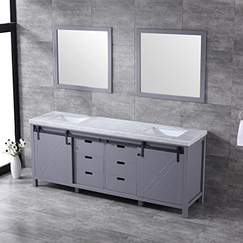 Lexora Marsyas 84-Inch Dark Grey Double Vanity, White Carrara Marble Top, White Square Sinks And 34-Inch Mirrors #TOP3