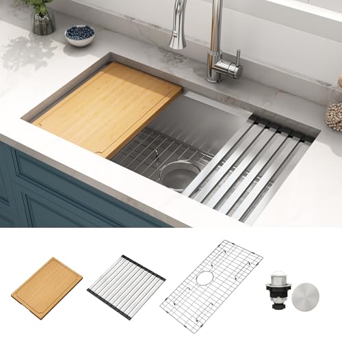 Image of LQS 30 Inch Undermount Kitchen Sink with Round Corner, 30 inch x 18 inch Undermount Kitchen Sink 16 Gauge Stainless Steel, R10 Round Corner with Handmade Workstation Ledge and Built-In Abundant Accessories