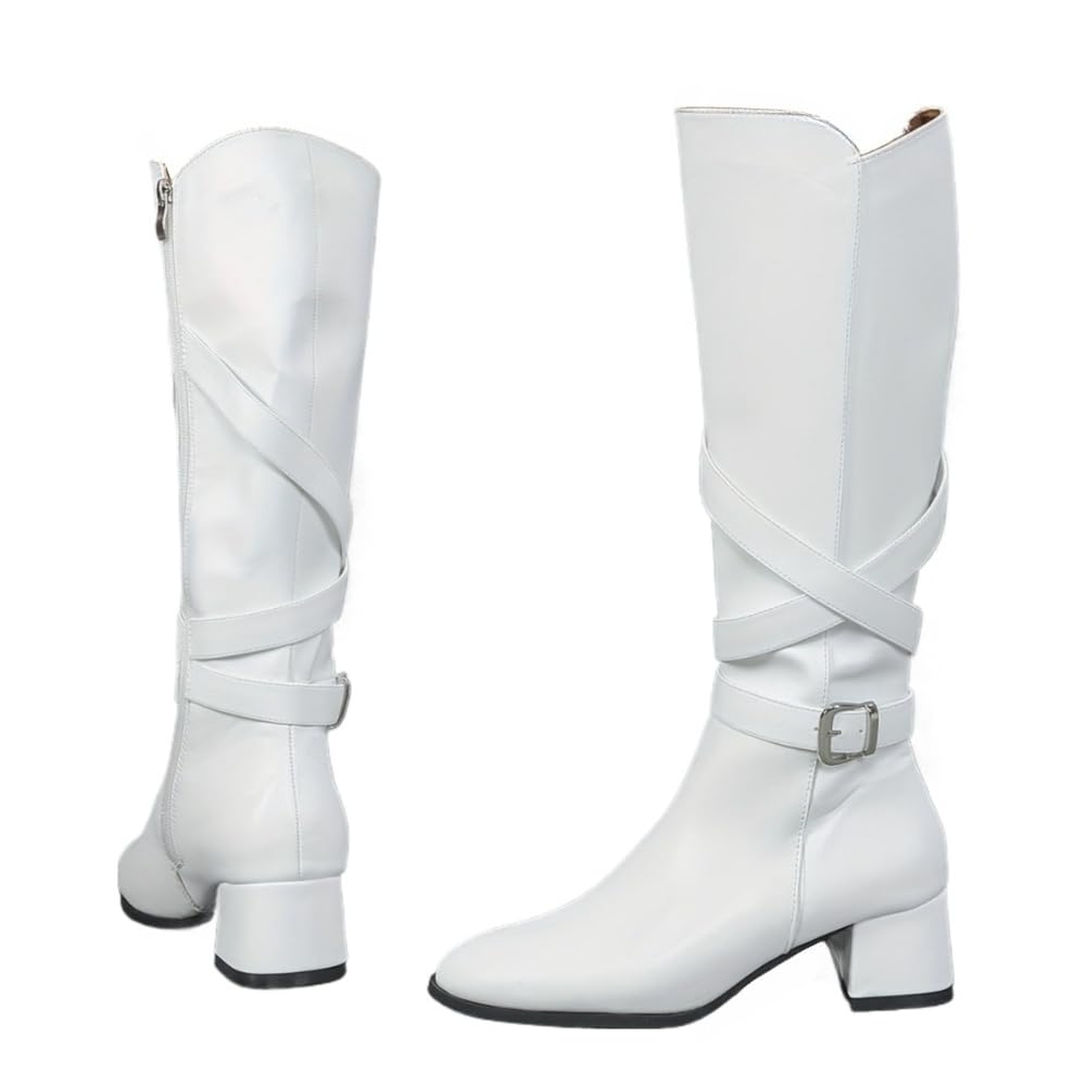 Faithgee Womens Elegant White Knee-High Boots with Side Zipper - Pointed Toe Block Heel Waterproof All-Season Comfort Fashion