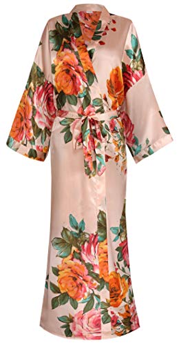 Image of goodmansam Women's Long Floral Satin Kimono Robes Bridal Dressing Gown Wedding Bridesmaid Nightgown