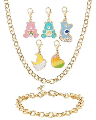 SALLY ROSE Care Bears Jewelry Set Official License, Fashion Charm Bracelet and Necklace with 5 Interchangeable Care Bears Charms