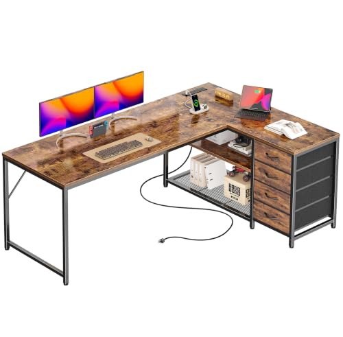 PRAISUN 61' L Shaped Desk with Power Outlets & 4 Drawers