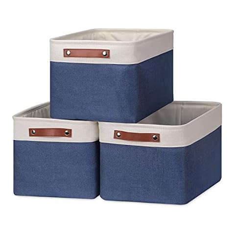 HNZIGE Large Storage Baskets for Shelves(3 Pack) Fabric Storage Baskets, Toy Basket with Leather Handles, Decorative Foldable Storage Baskets for Organizing Closet Home(White&Blue,15" x 11" x 9.5") Cover