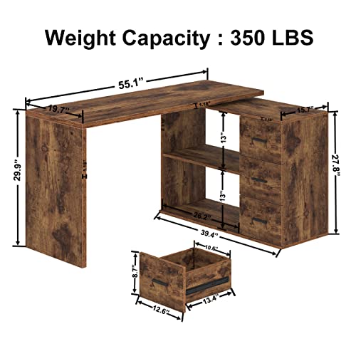 Image of HSH L Shaped Computer Corner Desk with Storage Drawers 55 inch Rustic Brown | Reversible Home Office Corner Desk with 2 Open Side Shelves Modern Wood Executive L Desks for Bedroom,Study Workstation