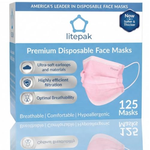 Image of Litepak 125-Pack Disposable Face Mask Premium Comfort Earloops with Dispenser Box (Pink)