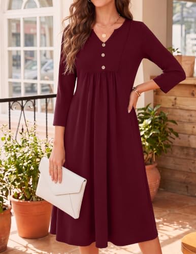 Image of Zeagoo Womens Dresses 3 /4 Sleeve Casual Fall A Line Midi Dress with Pockets