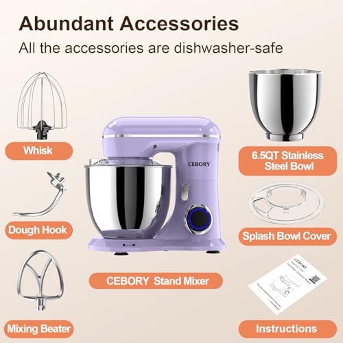 Image of CEBORY 3-IN-1 Electric Stand Mixer, 6.5QT Bowl 660W 10-Speed Kitchen Mixer, Household Food Mixers include Dough Hook, Beater and Whisk, Bread Cake Mixer for Baking and Most Home Cooks, Purple