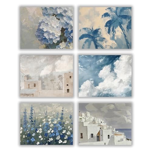 QPOKLAF Beach Wall Art Prints Living Room Blue Wall Decor,Vintage Landscape Art Posters Home Dorm Farmhouse Aesthetic Set of 6 (8x10inch,Unframed)