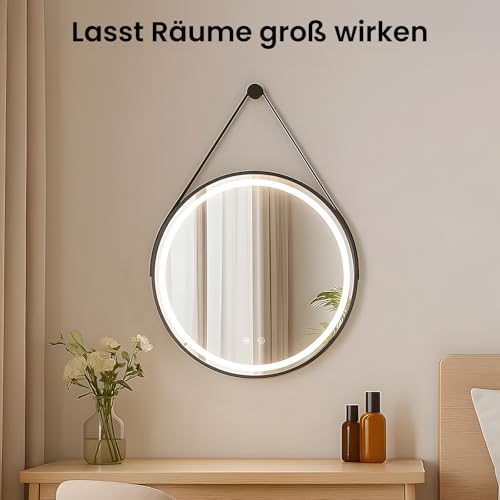 Trintion LED Spiegel Bad mit Beleuchtung 50cm Rund – Touch-Schalter, Beschlagfrei, Dimmbar – Badezimmerspiegel mit Licht für Make-up & Rasu Abnehmbarem Lederband 6
