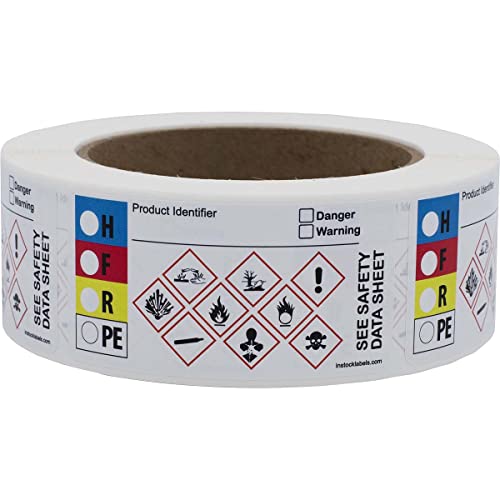 Small Write-On GHS and HMIG Combo Label with GHS Hazard Symbols, 1.5 x 3 Inch Rectangles, 500 Total Labels per Roll