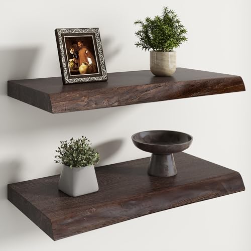 Image of RICHFOCUS Live Edge Elm Floating Shelves - 24 inch W x 9.3 inch D Rustic Solid Wood Wall Shelves with Invisible Bracket, Wall-Mounted for Living Room, Bedroom, Kitchen Storage & Display, Set of 2, Walnut