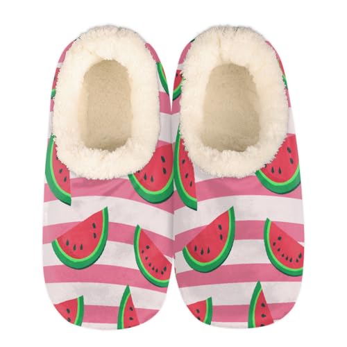 Watermelon Pink Stripes Pattern Slippers for Women Slipper Socks Soft Fuzzy House Slippers Shoes for Indoor Bedroom, Winter Cozy Christmas Gifts