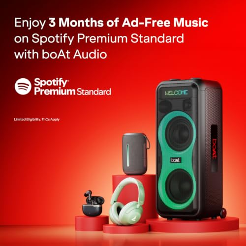 Image of boAt 2026 Launch PartyPal 650, AI Karaoke Auto Tuner,Inbuilt DJ Tracks & Bass Drop,300W Output,2 UHF Wireless Microphones,Vibrant RGB LEDs,Wheels for Mobility Bluetooth Party Speaker (Midnight Black)
