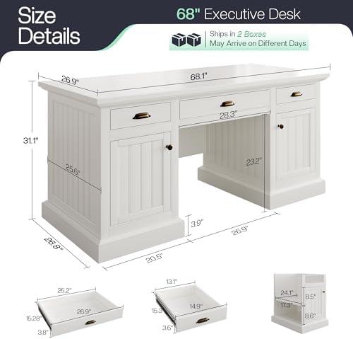 Jocisland 68" Executive Desk for Home Office & Study, Fluted Panel Computer Table with 3 Drawers and 2 Cabinets, Farmhouse Writing Desk – Pure White - Thumbnail 5