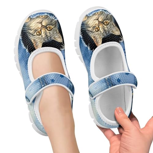 Cat Print Girls Mary Janes Shoes Breathable School Shoes Non Slip School Running Dress Shoes with Magic Sticker Strap2