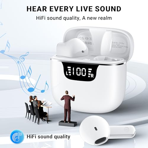Image of Wireless Earbuds, Bluetooth 5.4 Headphones with 42H Ultralight Ear Buds,Bluetooth Earbuds with 4 ENC Noise Cancelling Mics, HiFi Deep Bass Dual LED Display USB-C, Waterproof Earphones for Android iOS