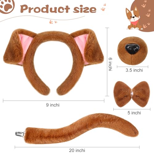 SATINIOR Kostüm Set Tierkostüm Set Ohr Stirnband Künstliche Nase Fliege und Schwanz Kinder Erwachsene Kostümzubehör für Karneval Welttag des Buches Cosplay (Braun, Schöner Hund)