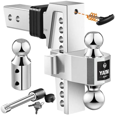 YATM Hitch Fits 2.5-Inch Receiver,8" Drop/Rise,Aluminum Drop Hitch,Adjustable Trailer Hitch Replaceable Tri Balls (1-7/8", 2", 2-5/16") Mount,Drop Down Hitch,GTW 18,500 LBS Silver- Ultra Quiet Y-5125