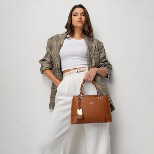 Image of EXOTIC Premium Caramel Edge Structured Handbag for Women | Dual Tone Satchel Bag | Multi-Compartment | Top Handle with Adjustable Sling Strap | Textured PU Leather