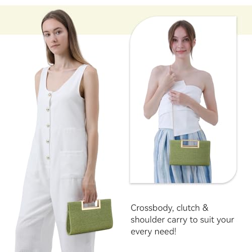 Image of Women's Straw Raffia Clutch Purse, Top Handle Woven Handbag with Crossbody Strap, Summer Beach Shoulder Bag