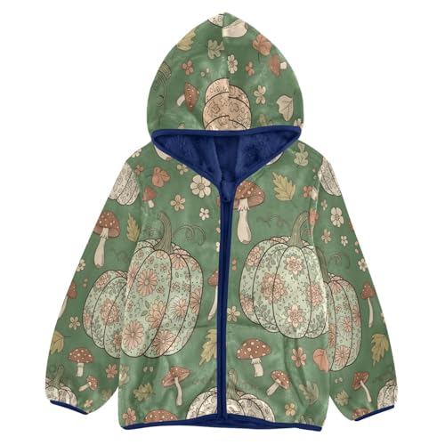 Pumpkin Floral Pattern on Green Toddler Fleece Jacket Girl Boys Hooded Fleece Jacket Coat Warm Outwear Zip-up 3-10T