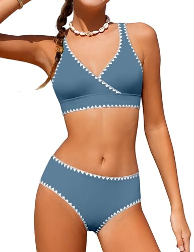 KANGKANG Girls Swimsuit Bikini Set, Teen Swimsuits for Girls 12-14 Solid Color V-Neck Two Piece Bathing Suit with Chest Pad Adjustable Straps Swimwear Set