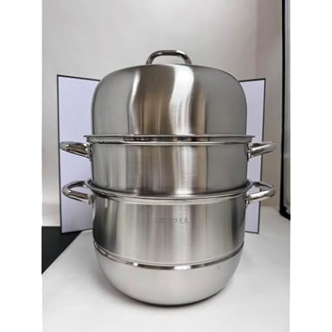 3 Tier Stainless Steel Steamer Pot For Cooking With Stackable Pan Insert, Food Steamer, Vegetable Steamer Cooker, Steamer Cookware Pot/Saucepan with Glass Lid, Multilayer By Lake Tian 30cm, 24 quart Cover