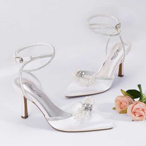 Mofri ShowHow Womens Wedding High Heels Slingback Stiletto Heels Closed Pointed Toe Strappy Heels Ankle Strap Pumps Rhinestone Pearl Bow Heels Bridal Party Wedding Dress Shoes2