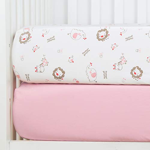 Image of TILLYOU 2-Pack Printed Fitted Crib Sheet Set for Boys or Girls, 100% Natural Cotton Toddler Bed Mattress Sheets, Gentle to Baby’s Sensitive Skin, Standard 28”x52”8”, Pink/Jungle Buddies