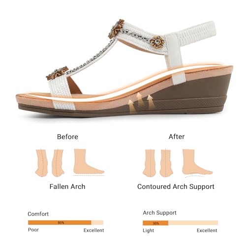 Image of Wedge Sandals for Women Dressy, Woman's Sandal Comfortable Low Wedges Heels Ankle Elastic Strap Sandles with Flower Rhinestones