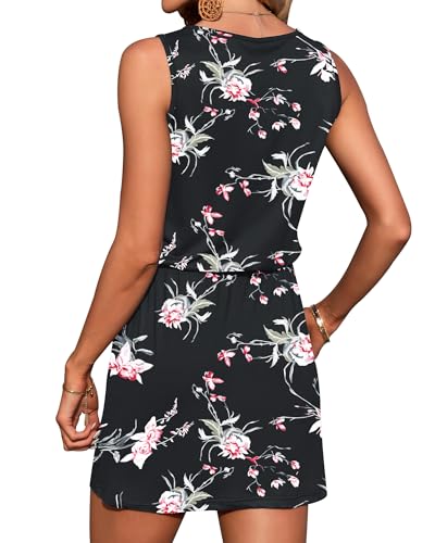 Image of AUSELILY Womens Summer Dress Casual Sleeveless Drawstring Short Dresses | Adjustable drawstring waist for a custom fit, plus 2 side pockets-perfect beach-to-street sundress