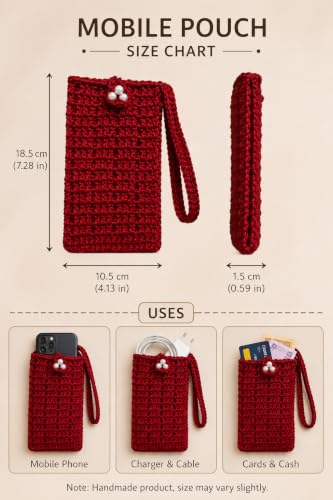 Image of Handmade Crochet Mobile Pouch for Women & Girls | Knitted Phone Holder with Wrist Strap | Cute Floral Aesthetic Mobile Cover Case | Soft Yarn Handmade Gift (Maroon)