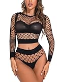 FasiCat Women's Lingerie Fishnet Bodysuit Mesh Lingerie Babydoll Mini Dress Free Size See Through Shirts Long Sleeve Fishnet Lingerie Sets Clubwear Gift Lingerie for Women&Men