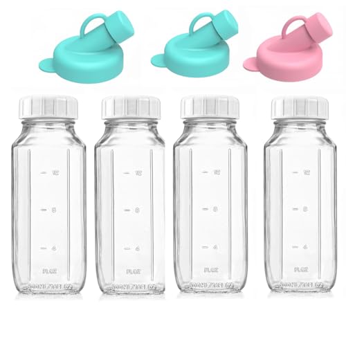 Lot de 4 Bouteilles Transparentes en Verre avec Bouchon avec Couvercles, Réutilisables, 500ml, Bouteilles de Jus Pour Laiterie, Jus de Fruits Pour Petit...
