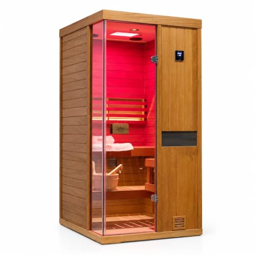 HKXSC 1-Person Corner Traditional Sauna, African Mahogany, 2.5 kW
