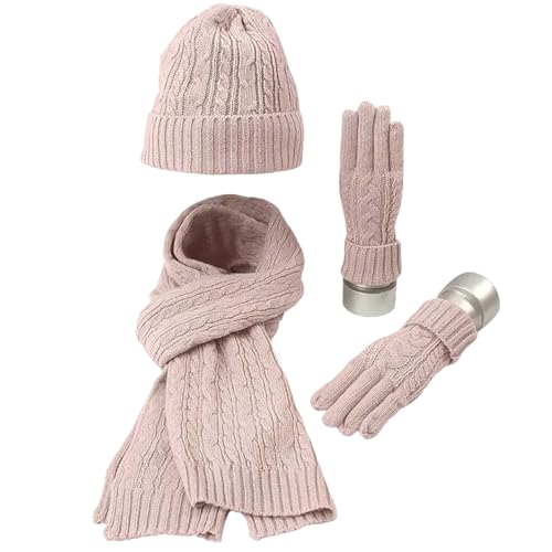 GWAWG Juego de gorro y bufanda para mujer, conjunto grueso 3 en 1 de invierno, suave, cálido, gorro de punto largo, bufanda, guantes, para caminar, ir de compras, esquí, pesca, camping, rosa, talla