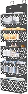 Over Door Organizer, Bathroom Pantry Nursery Cabinet Baby Storage with 5 Large Pockets & 2 Widened Hooks, Wall Mount Hanging Organizer with Clear Window for Cosmetics, Diapers, Closet, Dorm, Grey