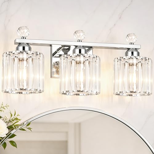 Lxybcce Modern Crystal Bathroom Vanity Light, 3-Lights Bathroom Light Fixtures, 19.34In Chrome Vanity Light Fixtures Over Mirror, Easy Installation & Dimmable Lighting